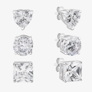 Silver Cubic Zirconia Heart Round Square Set of Three Stud Earrings OJS0036