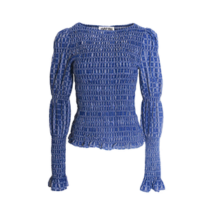 Iris Indigo Checkerboard Cotton Smocked Sleeve Top (L)