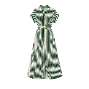 Yumi Green Stripe Print Relaxed Midi Shirt Dress With Belt (L)