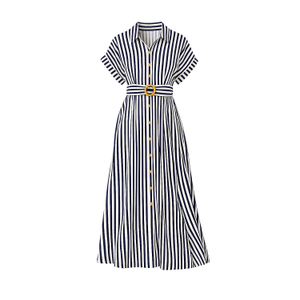 Yumi Navy Stripe Print Relaxed Midi Shirt Dress With Belt (L)