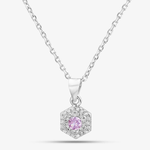 Silver Pink Cubic Zirconia Hexagon Cluster Pendant Necklace E614585P PINK