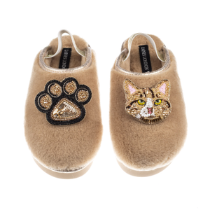 Flatform Cloud Slippers With Ginger Tabby Cat & Paw Brooches - Toffee (L)