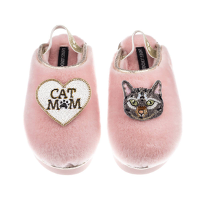 Flatform Cloud Slippers With Grey Pebbles Cat & Cat Mum / Mom Brooches - Dusky Pink (L)