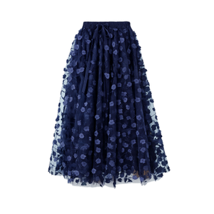 Yumi Navy Mesh Floral Applique Midi Skirt (M)