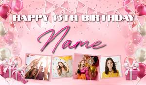 Personalised Birthday Backdrop Banner - Pink - Add Text &amp; 4 Photos