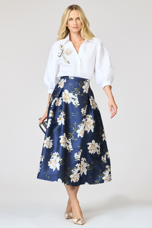 TIPPY NAVY FLORAL MIKADO A-LINE MIDI SKIRT - FINAL SALE