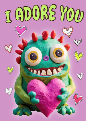 Funny Clay Monster Holding Pink Heart Adore You Card