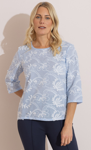 Anna Rose Embroidered Floral Top - Sky/Ivory