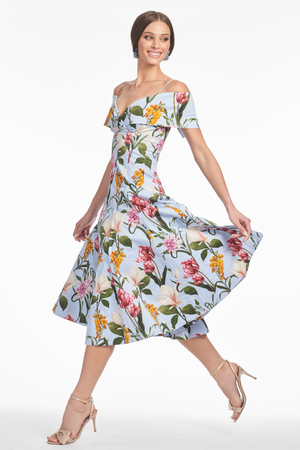 MINNIE BLUE FLORAL COTTON OFF THE SHOULDER A-LINE DRESS - FINAL SALE