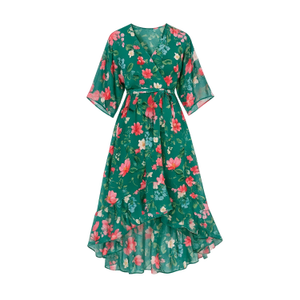 Yumi Green Floral Kimono Wrap Dress With Dip Hem (XXL)