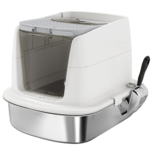 PawHut Arenero para Gatos de Acero Inoxidable L con Tapa Abatible Pala Metálica Bolsa Desodorizante Fácil de Limpiar Blanco