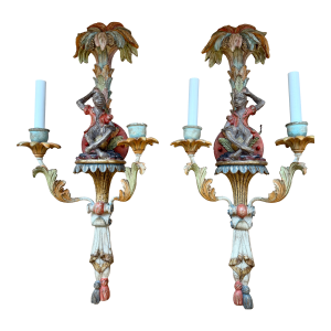 1980s Italian Hand Carved Wood Monkey Sconces (Set of 2)