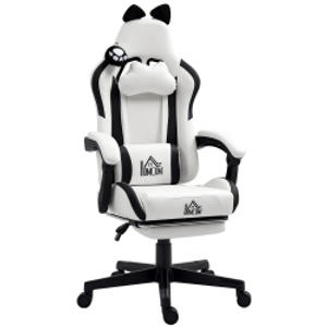 HOMCOM Silla Gamer Reclinable con Altura Ajustable Reposapiés Retráctil Soporte Lumbar y Reposacabezas Desmontable Blanco