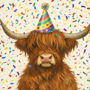 Moonpig Highland Cow Party Hat Celebration Card