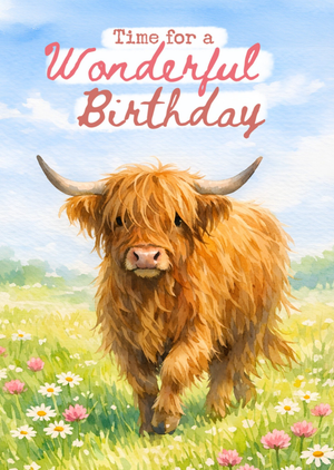 Time For A Wonderful Birthday Illustrated Highland Cow Card