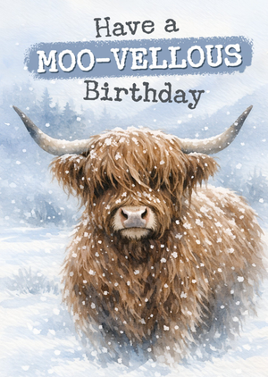 Have A Moo-Vellous Birthday Wintery Highland Cow Card