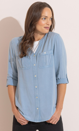 Washed Turn Up Sleeve Shirt - Pale Blue