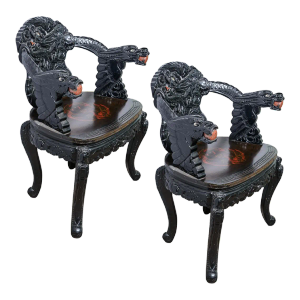 Asian Carved Black Arm Chairs