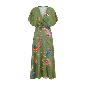 Yumi Bird And Floral Print Ruched Waist Kimono Midi Dress In Green (M)