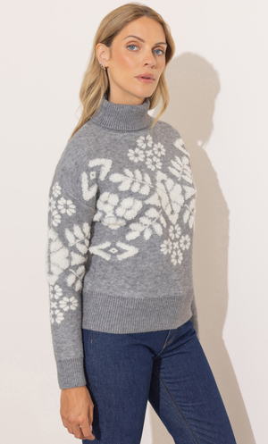 Roll Neck Textured Botanical Knitted Top - Grey Marl
