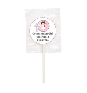 Personalised Brown Hair Communion Girl Lollipop (15 Pack)