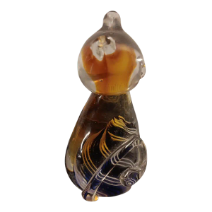 1980s Murano Style Amber With Blue & White Swirl Art Glass Cat Figurine