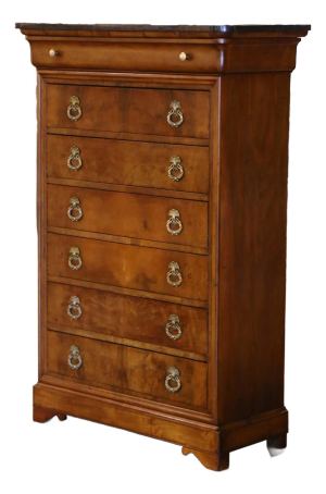 19th Century French Louis Philippe Marble Top Walnut Semainier Chest of Drawers