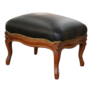 Early 20th Century French Louis XV Carved Oak Stool With Black Leather