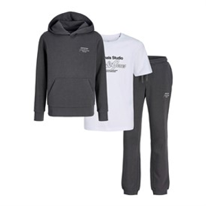 JACK & JONES Boys Niko Hood Three Piece Tracksuit And T-Shirt Set Asphalt/White