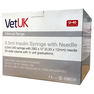 VetUK 0.5ml U40 Insulin Syringe with Needle (Box of 100)