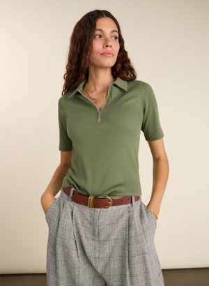 Ivy Organic Rib Zip Collar Top - UK 08 | EU 34 | US 04 / Light Khaki