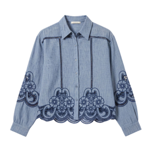 Blue Laser-Cut Embroidered Cotton Shirt (L)