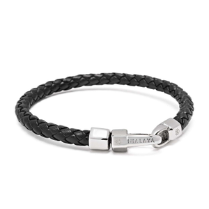 Braided Black Leather Bracelet In Silver (XL)