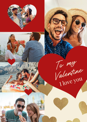 Red And Gold Heart Photo Collage Valentine's Day Card