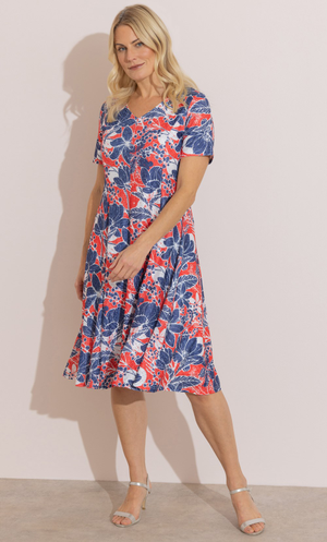 Anna Rose Garden Print Textured Dress - Scarlet/Multi