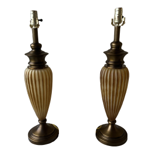 Pair of 1990s Tall Ribbed Frosted Glass and Brushed Bronze Table Lamps