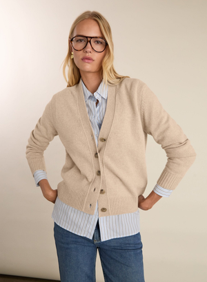Ruth Wool with Cashmere V-Neck Cardigan - UK 18 | EU 44 | US 14 / Sand