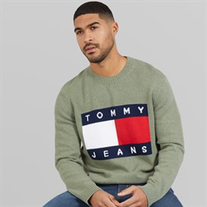 Tommy Hilfiger Mens Melange Flag Jumper Utility Sage Htr