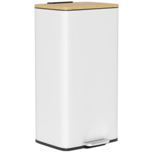 HOMCOM Cubo de Basura Cocina con Pedal 20L Tapa Cierre Suave Cubo Interior Extraíble 29,5x29,5x56,8 cm Blanco y Natural