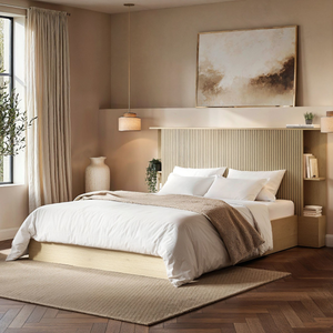 Solace+Co | Zora Ottoman Hotel Bed With Headboard Shelves | Oak Double | BedKingdom