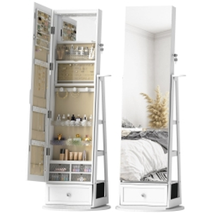 HOMCOM Espejo Joyero con Luces LED Armario Joyero con Espejo Entero Giratorio de 360° Cajón Cerradura Blanco
