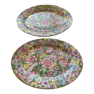 Vintage Chinoiserie Millefleur Platters a Pair
