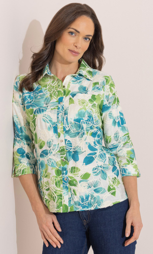 Botanical Printed And Embroidered Top - Green/Aqua