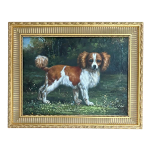 Vintage Gilt Framed King Charles Spaniel Oil on Canvas Dog Portrait Painting by Listed Artist W. Coter in the Manner of George Stubbs
