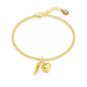 Gold Vermeil Cornicello & Heart Charm Bracelet – Italian Good Luck Jewelry, Handmade Lucky Talisman