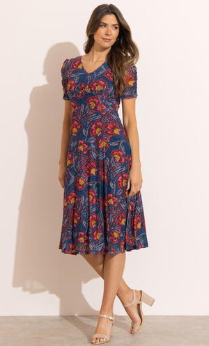 Floral Print Short Sleeve Mesh Dress - Navy/Red