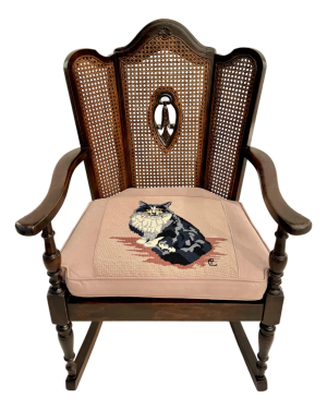 Antique Victorian Jacobean Revival Caned Rocking Chair With Custom Cat Needlepoint Cushion