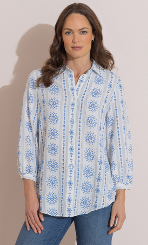 Textured Floral Print Blouse - White/Blue