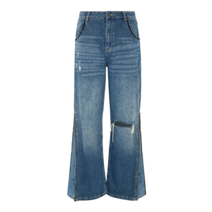 Side Zip Sketch Print Wide Leg Denim Jeans (L)