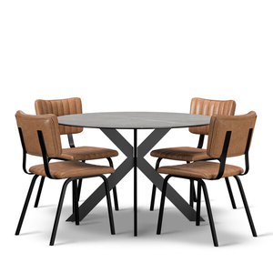 Venice Grey Ceramic Round Dining Table + 4 Mason Chairs Vintage Tan Leather-Look fabric with Black Legs